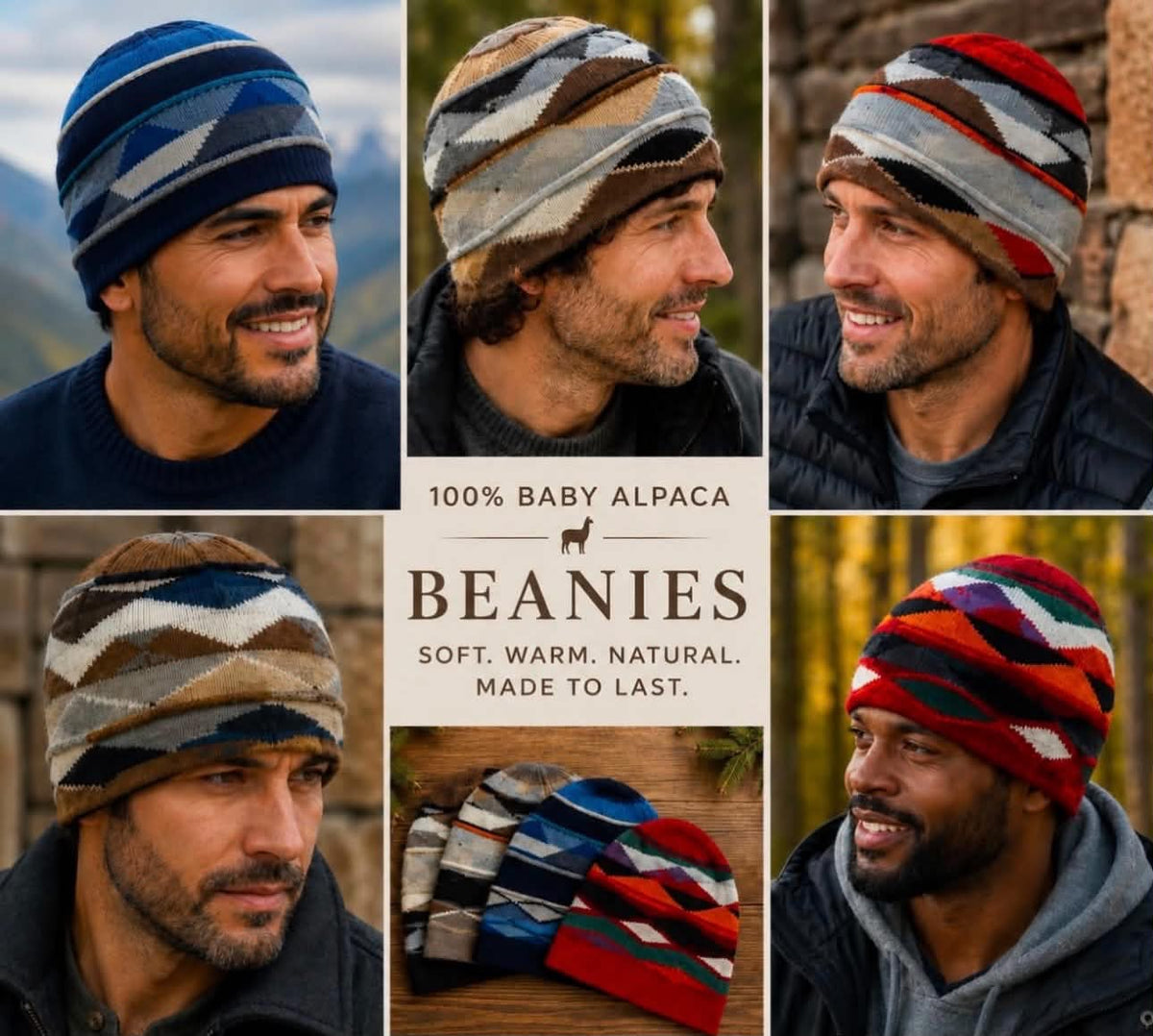 Knit beanie with a geometric Peruvian Andean pattern