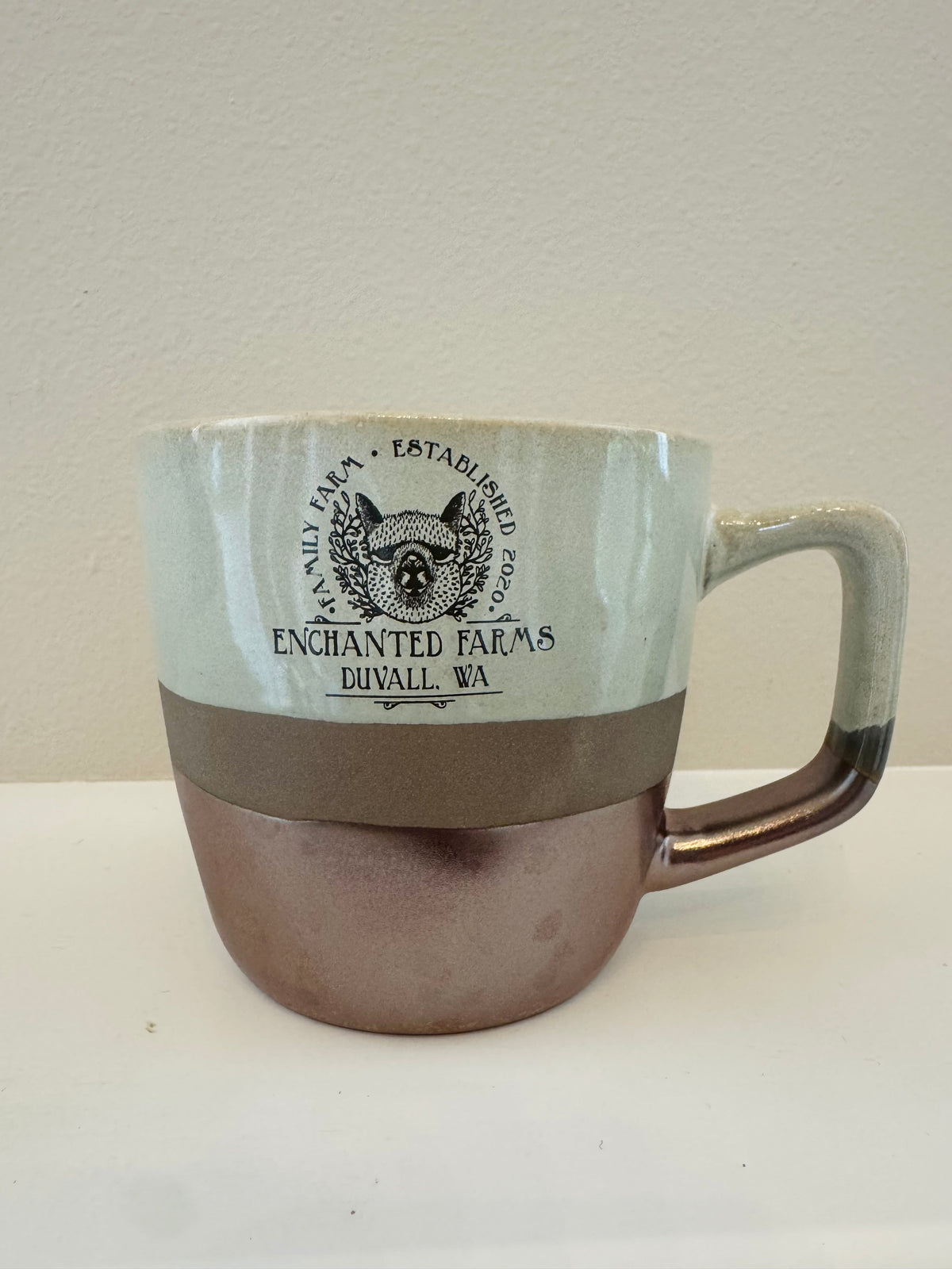 Enchanted Farms tri-tone 17 ounce mug, an alpaca farm souvenir