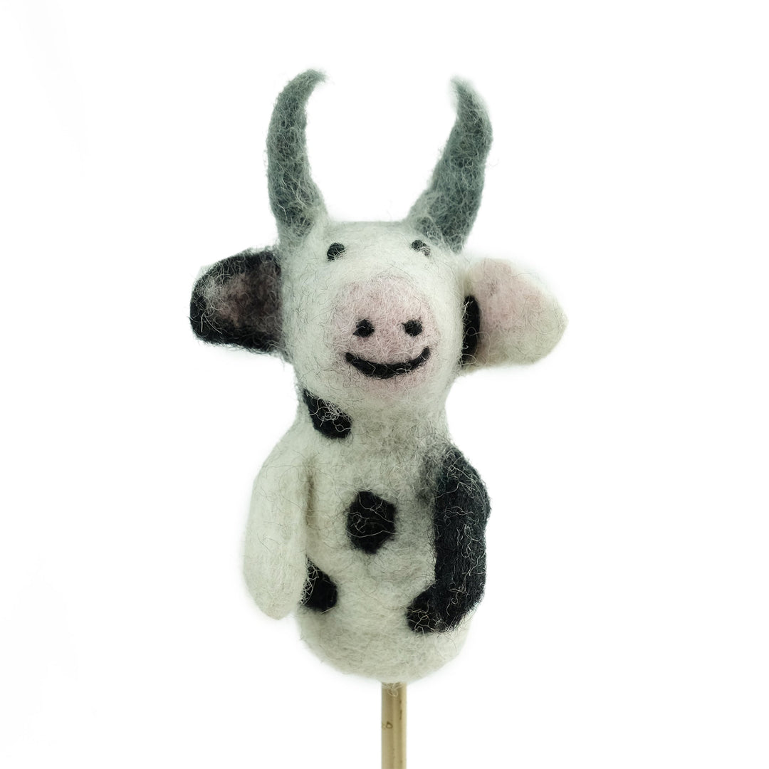 Black and white cow needle felted wool finger puppet