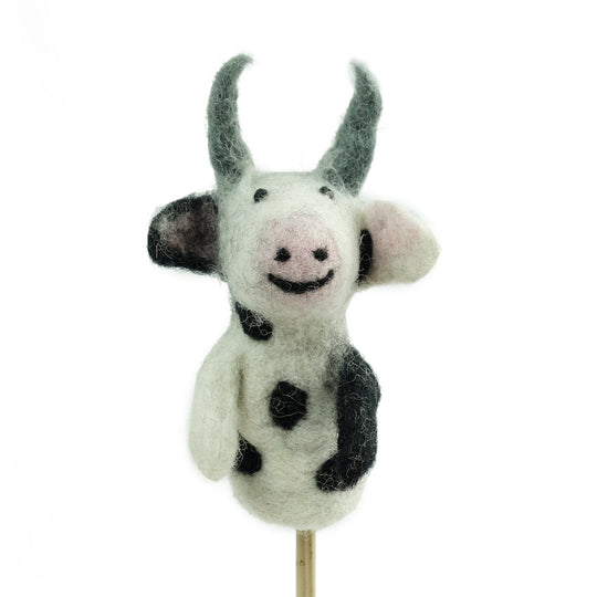 Black and white cow needle felted wool finger puppet