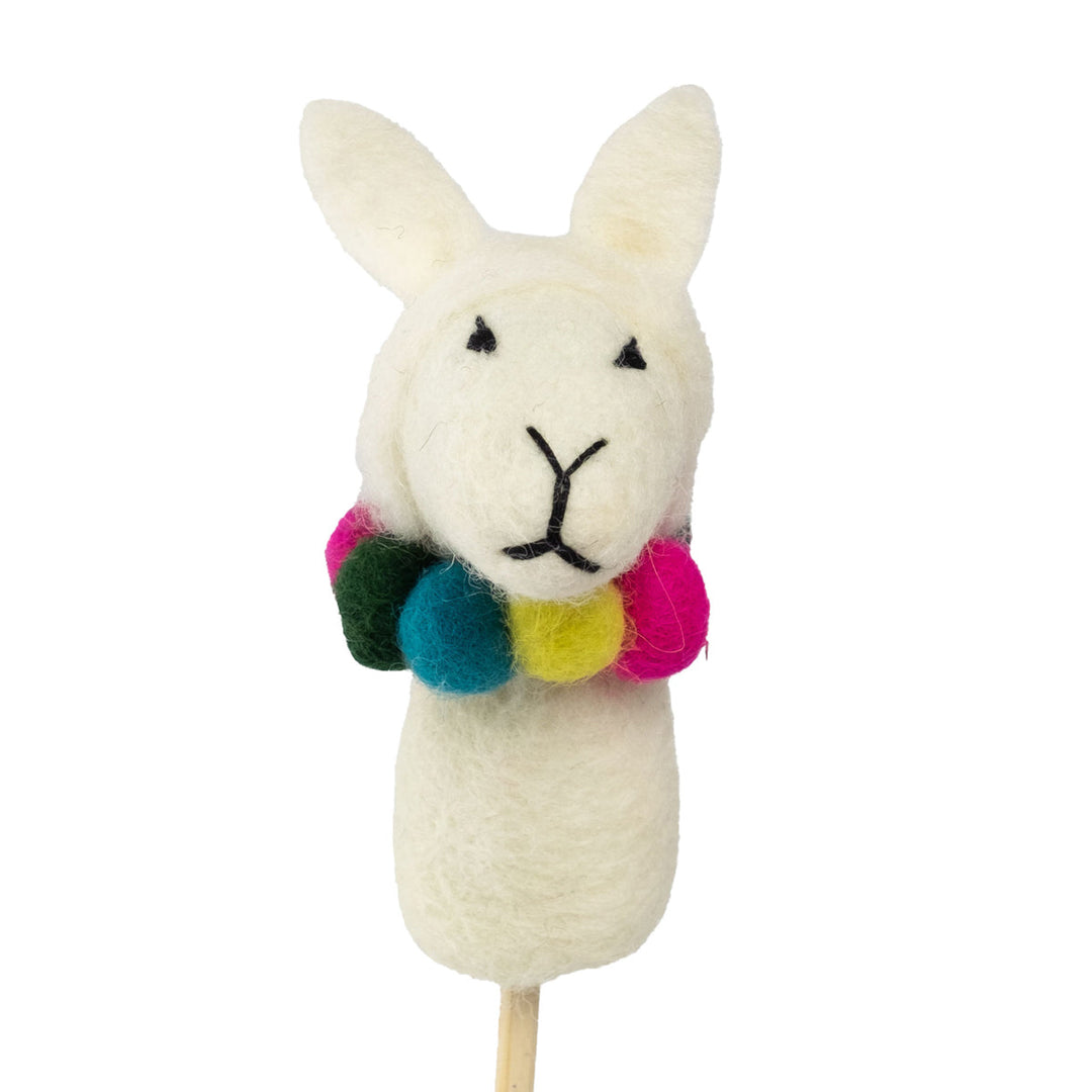 Alpaca needle felted wool finger puppet with a colorful collar