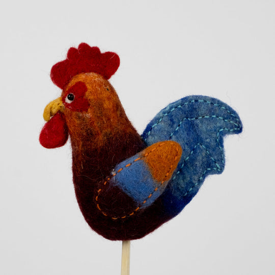 Rooster needle felted wool finger puppet with a colorful tail