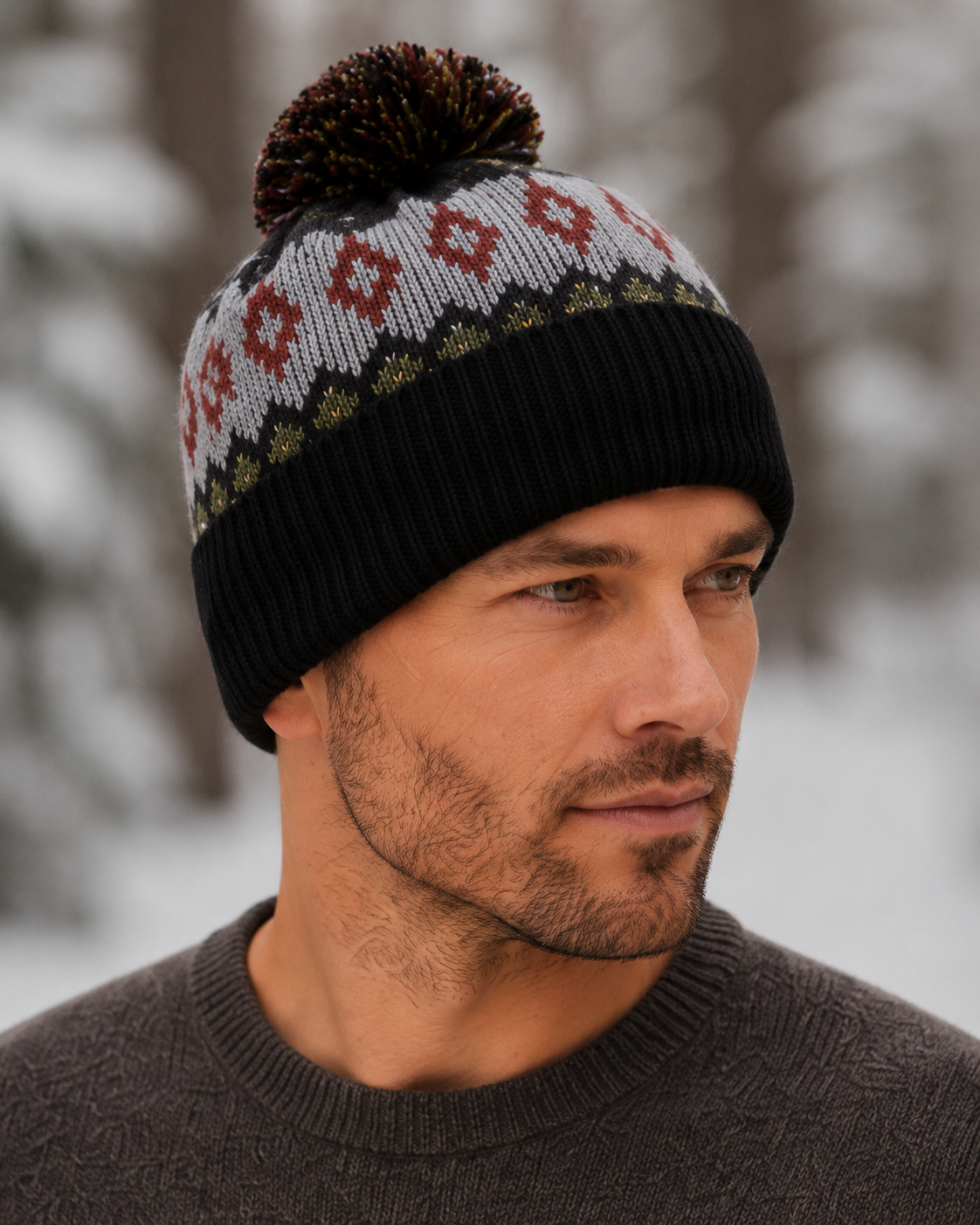 Forester alpaca hat — grey and red Nordic pattern beanie with pom-pom