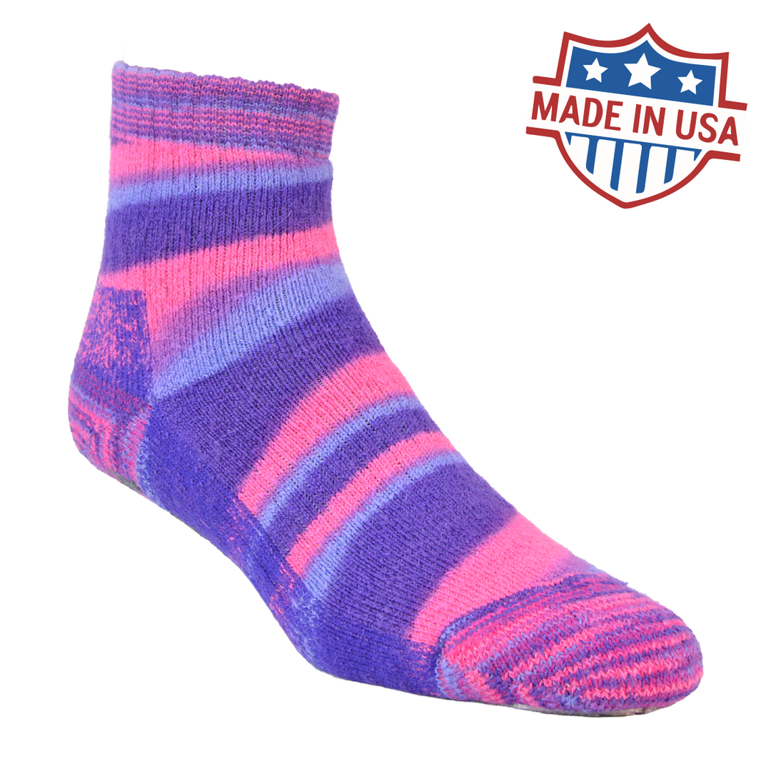 Purple multi-colour alpaca slipper socks with non-slip grip soles