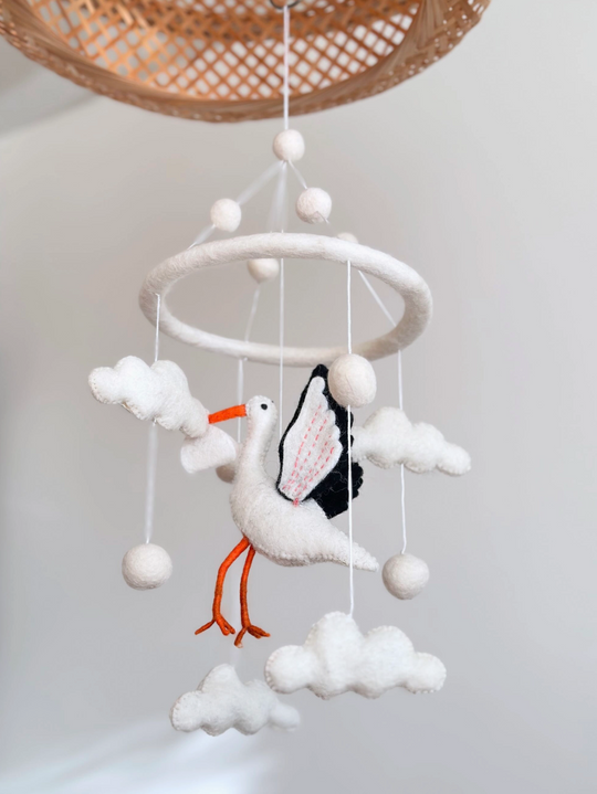 Felt Stork Baby Mobile – A Charming Welcome for Your Little One