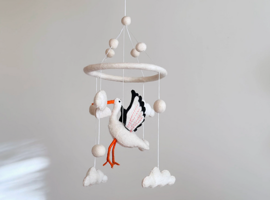Felt Stork Baby Mobile – A Charming Welcome for Your Little One