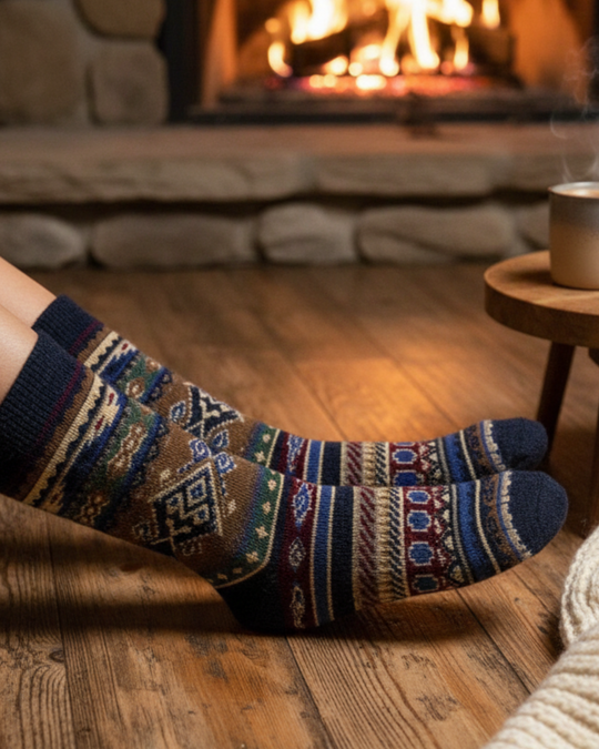 Lodge Alpaca Socks in Sandstorm — cozy patterned alpaca crew socks