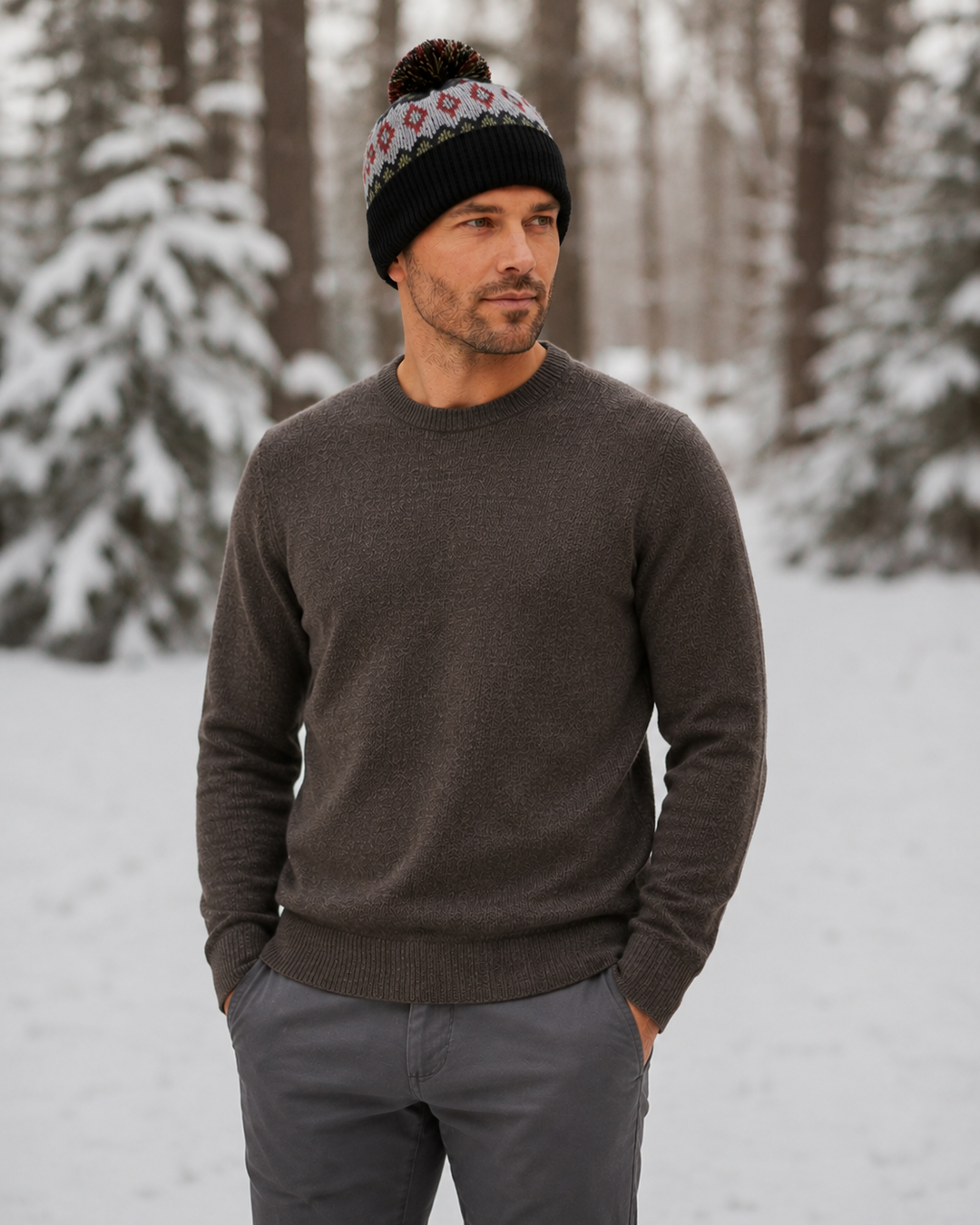 Forester alpaca hat shown alongside a second Nordic beanie