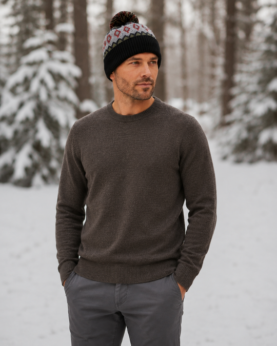 Forester alpaca hat shown alongside a second Nordic beanie