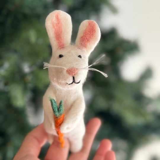 White bunny needle felted wool finger puppet