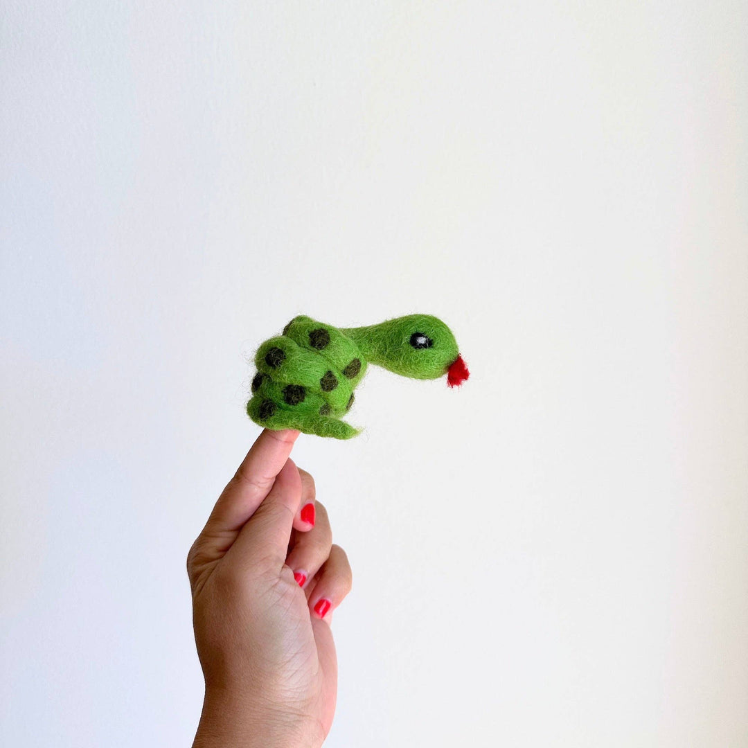 Green snake needle felted wool finger puppet