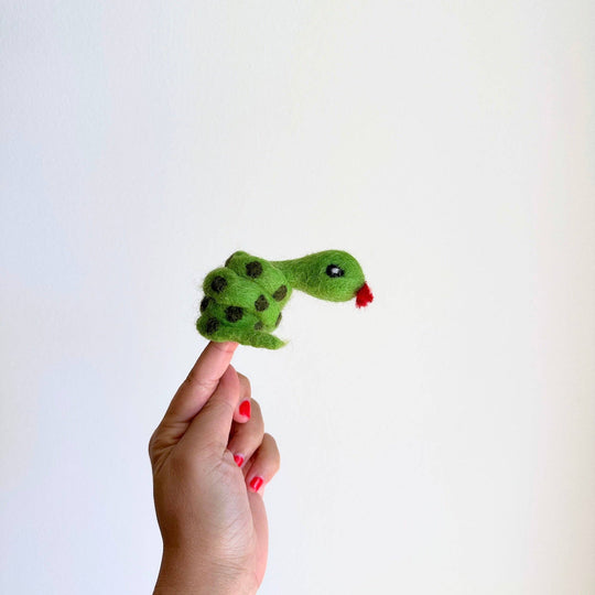 Green snake needle felted wool finger puppet