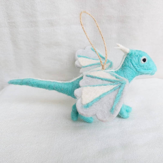 Handmade felt flying dragon ornament, alternate view
