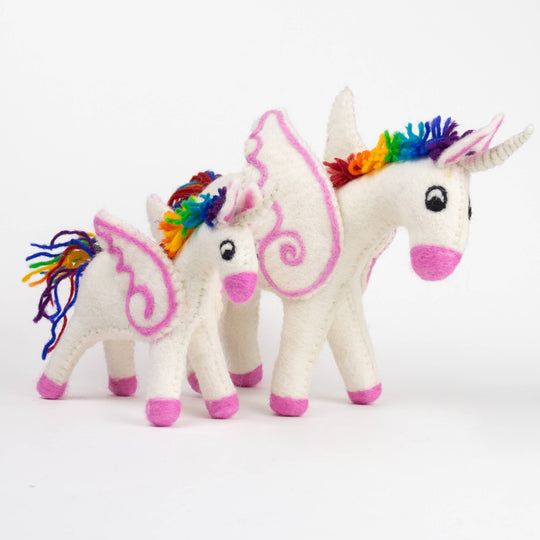 Rainbow unicorn hand-felted wool toy, alternate view