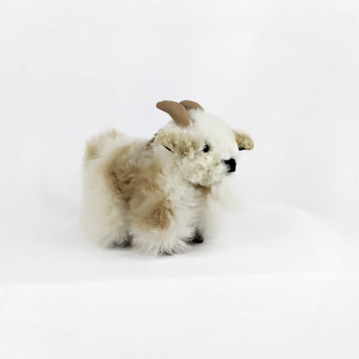 Fawn and white alpaca fleece goat stuffed animal with soft horns
