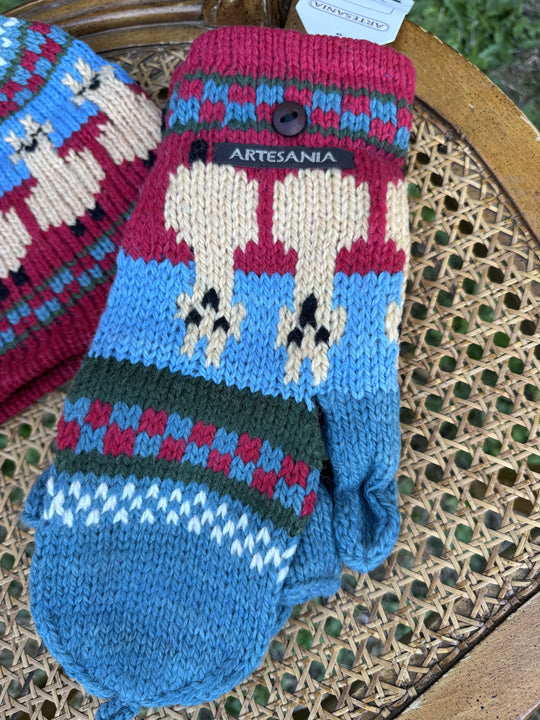 Alpaca Parade blue and raspberry flip-top mittens with alpaca