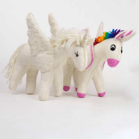 Rainbow unicorn hand-felted wool toy, alternate view