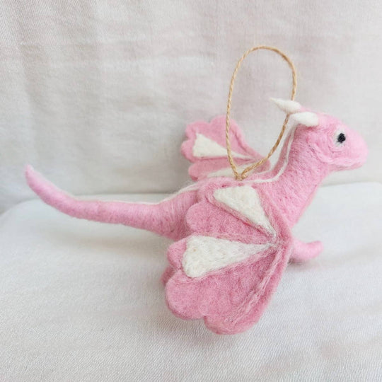 Handmade felt flying dragon ornament, alternate view