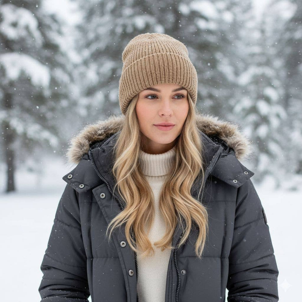 Cardigan knit alpaca beanie in fawn — view 2
