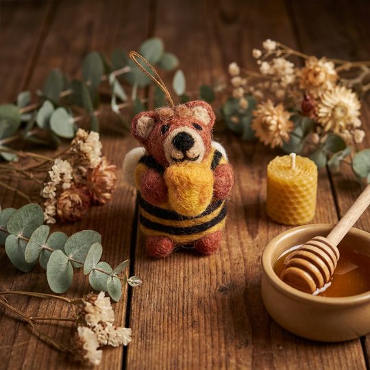 Howie the Honey Bee Bear hand-felted woodland ornament