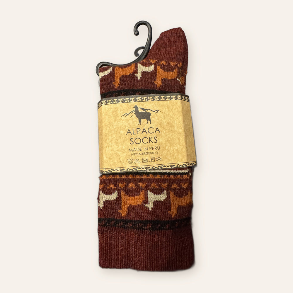 Burgundy alpaca socks with rust and cream alpaca pattern, made in Peru