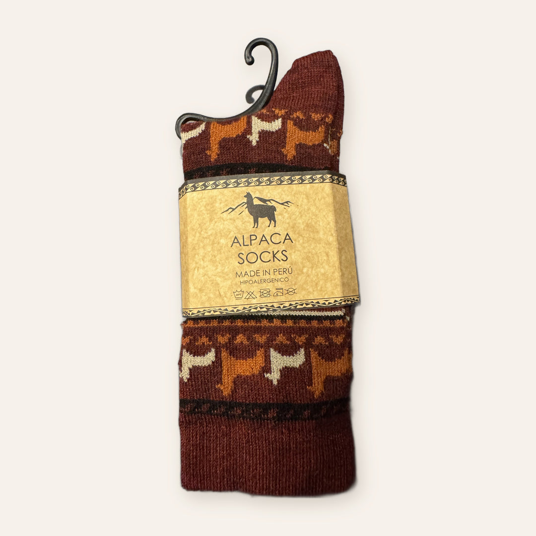 Burgundy alpaca socks with rust and cream alpaca pattern, made in Peru