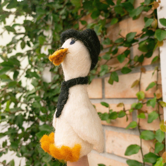 Hand-felted wool duck finger puppets, alternate view