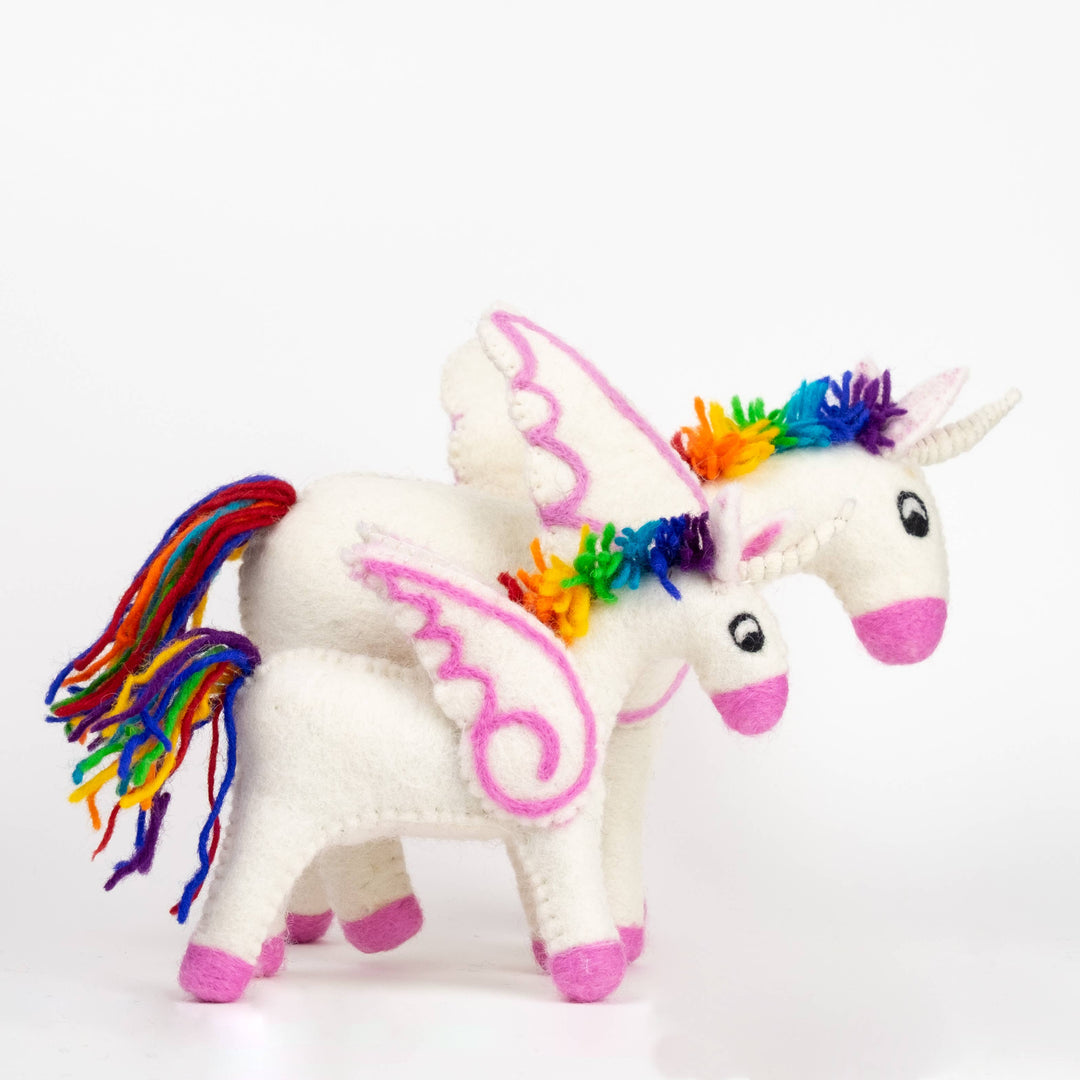 Rainbow unicorn hand-felted wool toy, alternate view