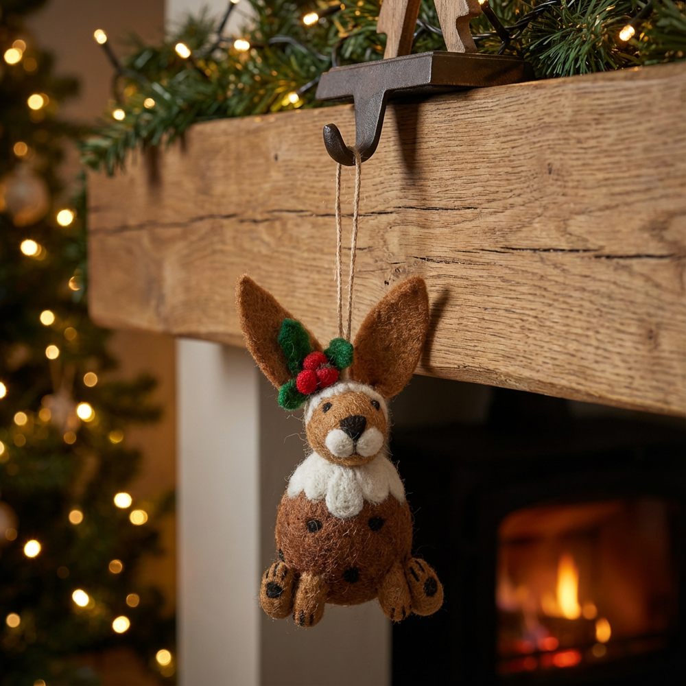 Handmade Felt Christmas Pudding Hare Hanging Decoration