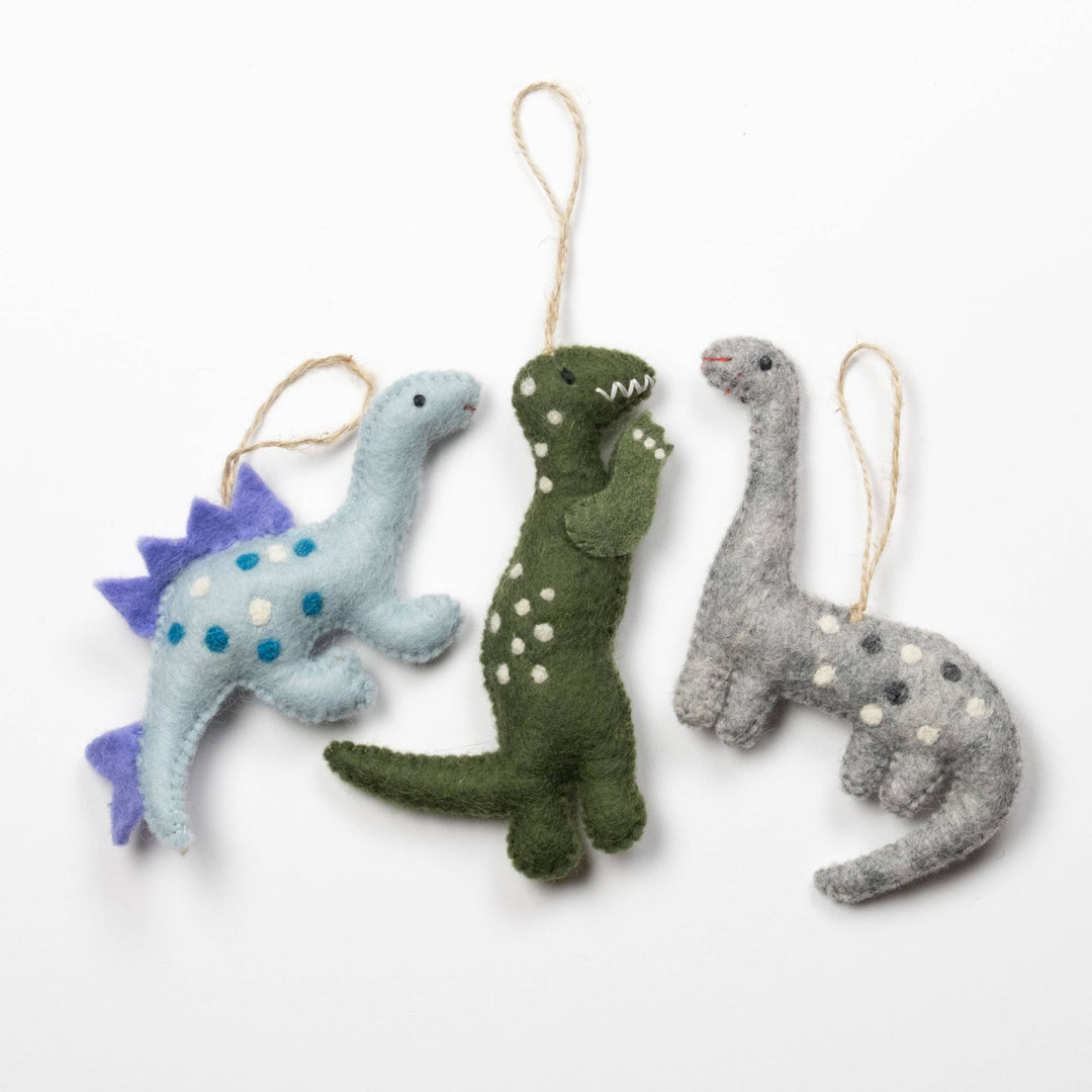 Dinosaur felt Christmas tree ornaments, hand-felted wool in bright colours, fair trade