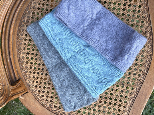 Cable knit headbands in gray, aqua and periwinkle