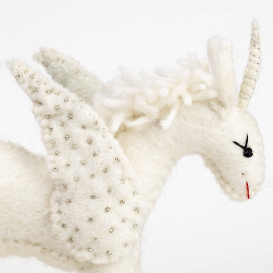 Sparkles the white unicorn hand-felted wool toy, alternate view