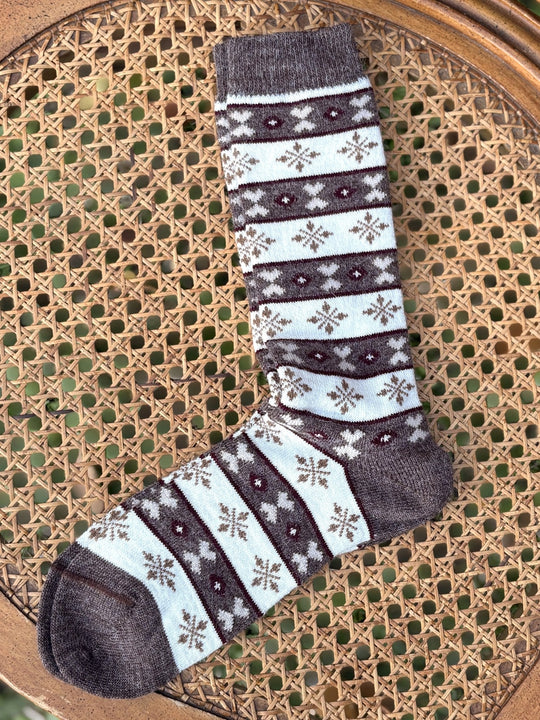 Cocoa Snowflake alpaca sock in brown and cream