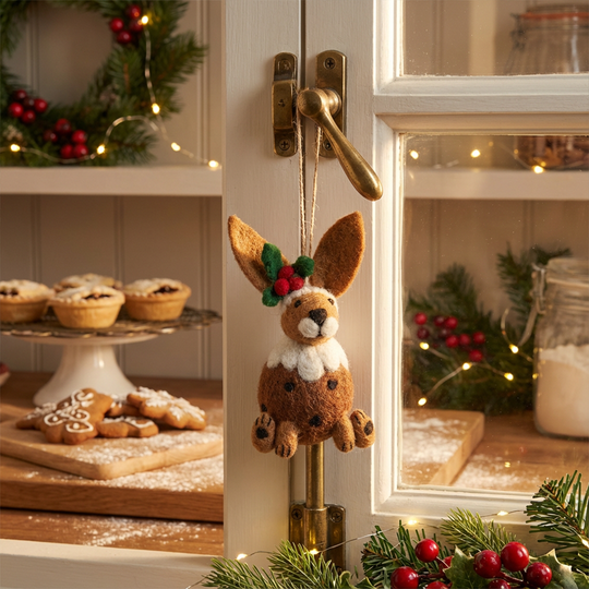 Handmade Felt Christmas Pudding Hare Hanging Decoration