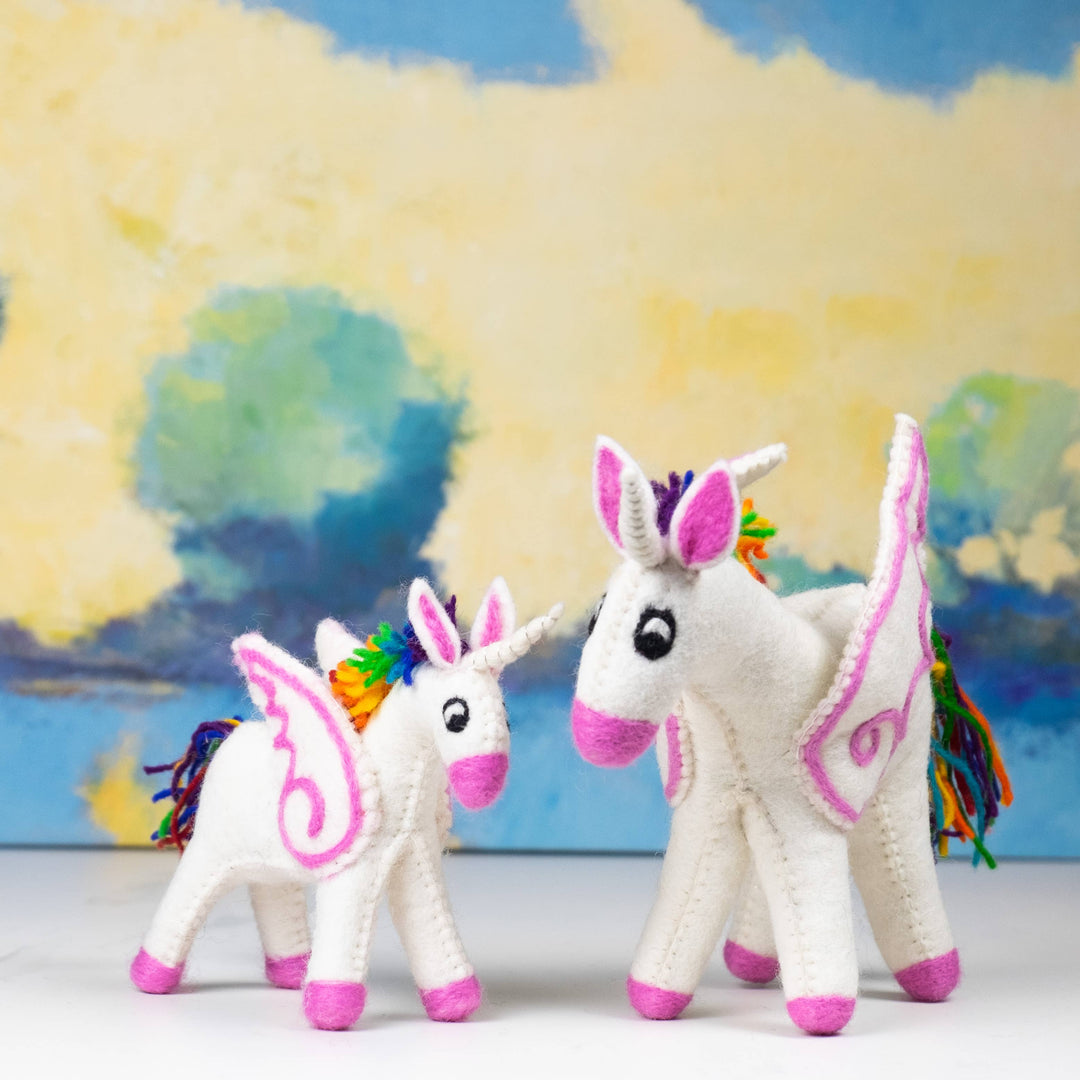 Rainbow unicorn hand-felted wool toy, alternate view