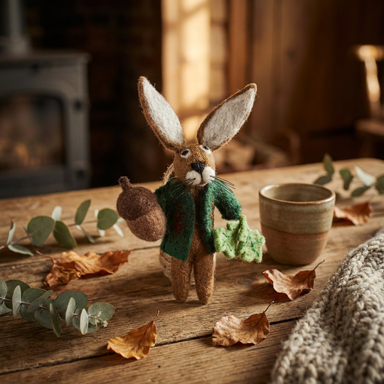 Cedric the Hare hand-felted woodland ornament with needle-felted details