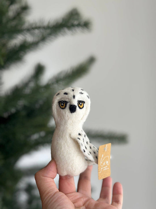 Snowy owl needle felted wool finger puppet