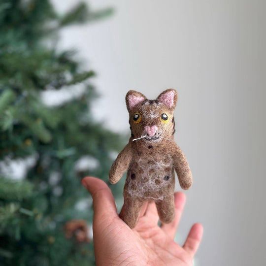 Brown tabby cat needle felted wool finger puppet