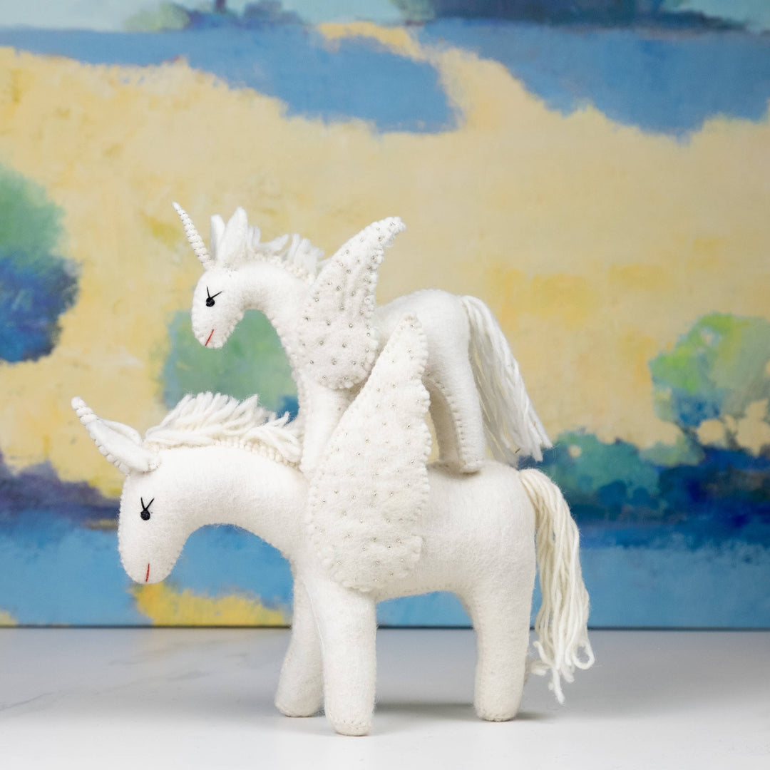 Sparkles the white unicorn hand-felted wool toy, alternate view