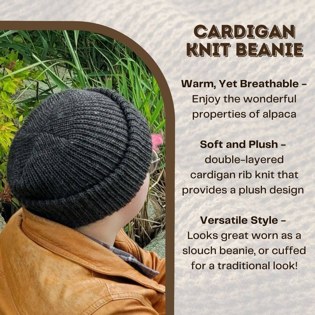 Cardigan knit alpaca beanie in fawn — view 6
