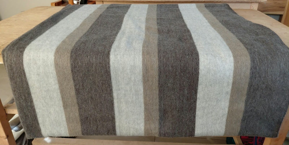 Driftwood alpaca throw laid flat, showing the wide charcoal, grey and taupe stripes