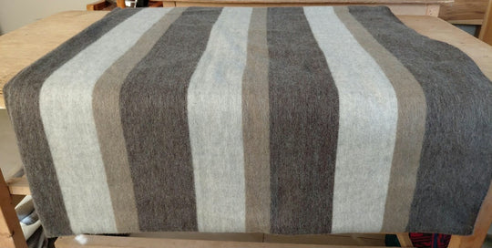 Driftwood alpaca throw laid flat, showing the wide charcoal, grey and taupe stripes