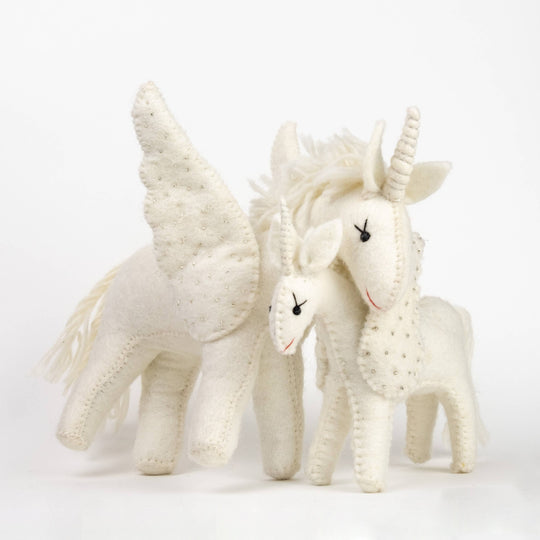 Sparkles the white unicorn hand-felted wool toy, alternate view