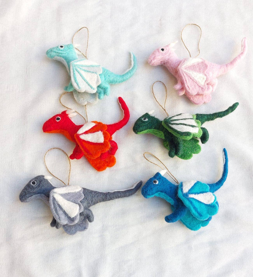 Handmade felt flying dragon ornament, alternate view