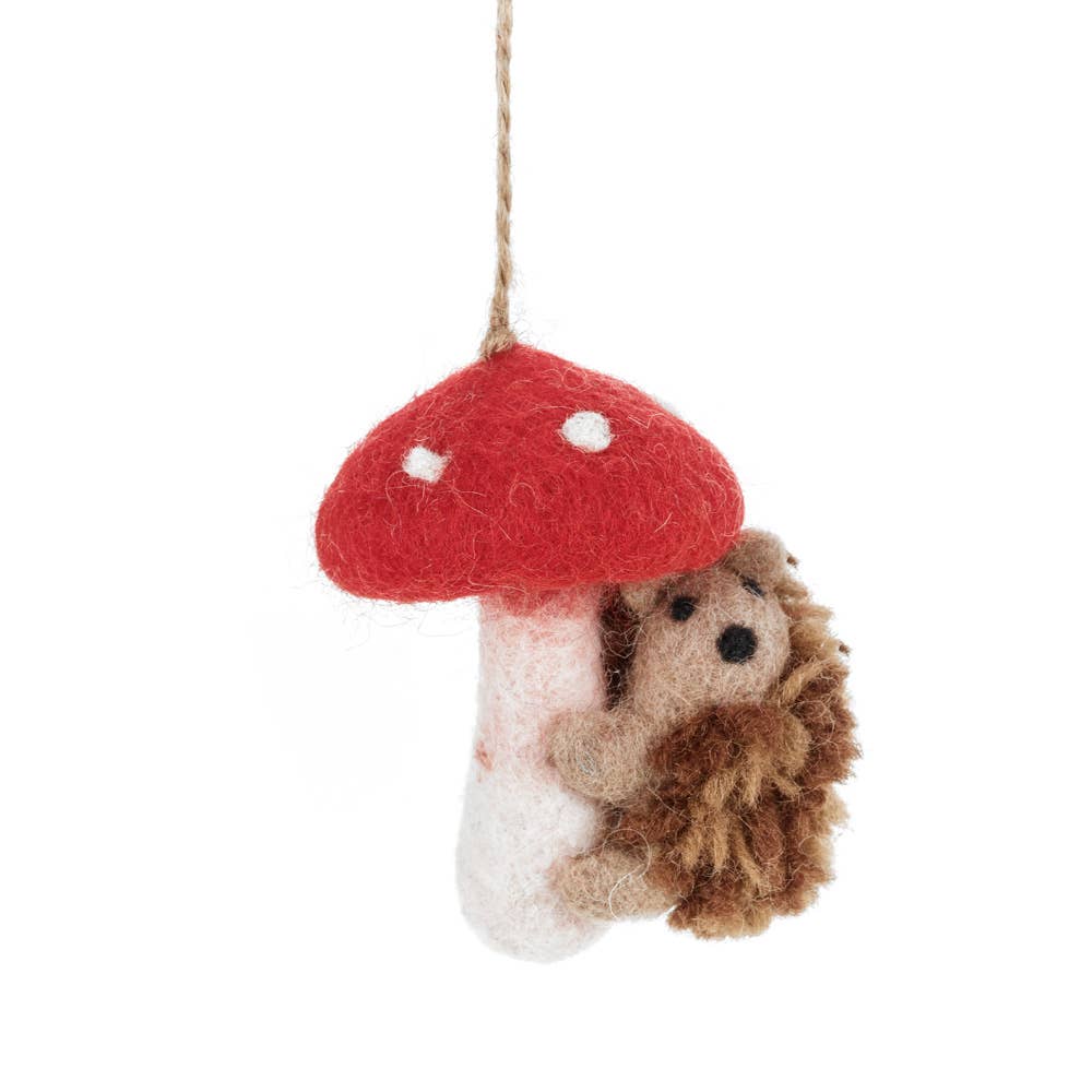 Handmade Felt Toadstool Hedgehog Hanging Decoration