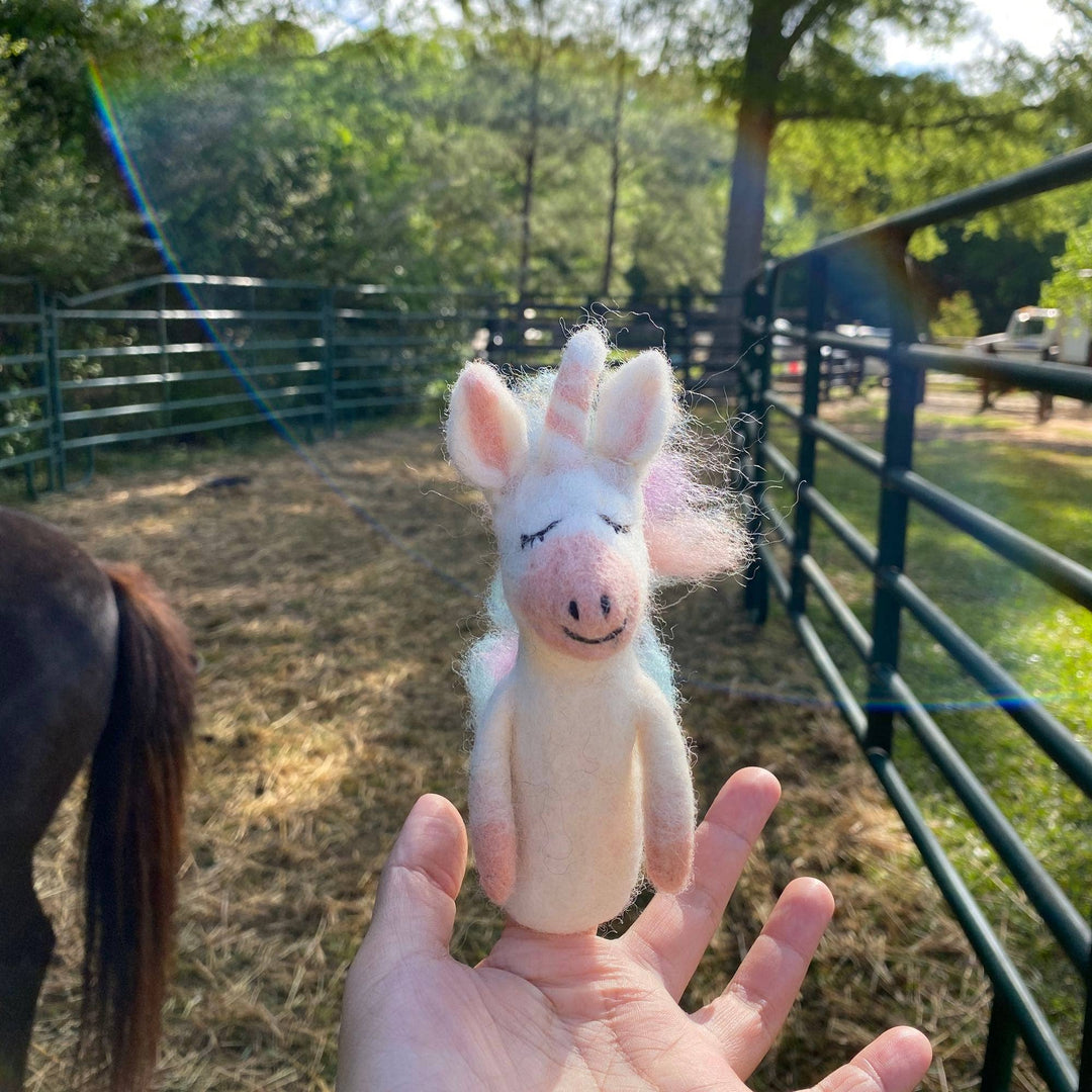 Unicorn needle felted wool finger puppet with rainbow mane