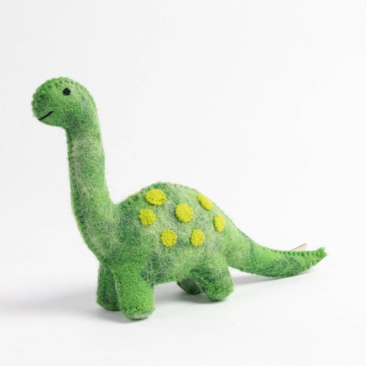 Dinosaur toy — hand-felted long-neck in green with yellow spots, organic wool, fair trade