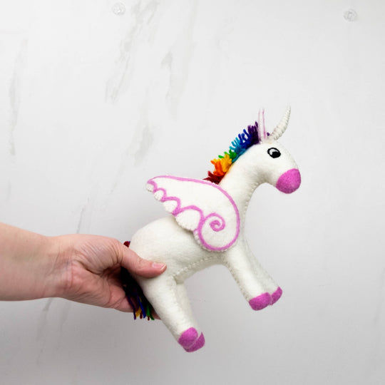 Rainbow unicorn hand-felted wool toy, alternate view
