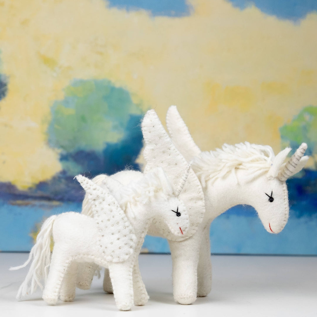 Sparkles the white unicorn hand-felted wool toy, alternate view