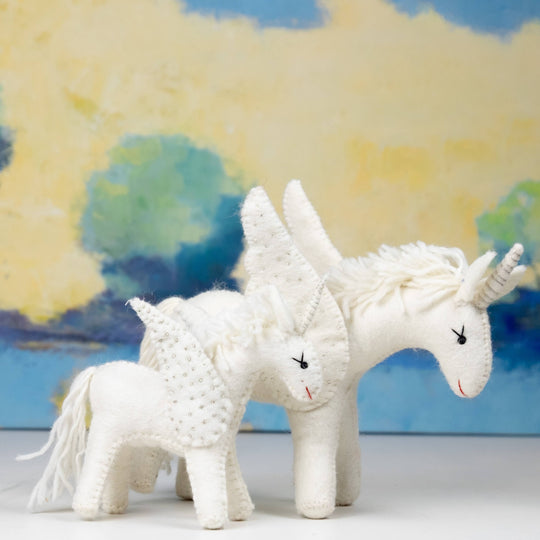 Sparkles the white unicorn hand-felted wool toy, alternate view